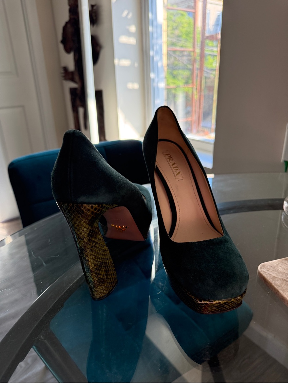 Prada Dark Green Suede Pumps with Olive Snake Textured Heel - Picture 7 of 8